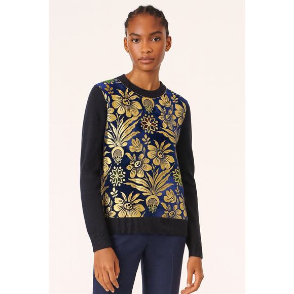 Tory Burch Hollis Cosmic Floral Velvet Foiled Gold Metallic Sweater - Picture 1 of 8